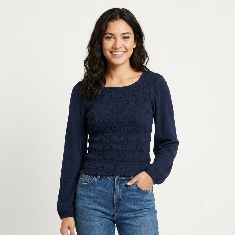 Madewell Shirt Small Smocked Boatneck Top Navy Blue Puff Sleeve NY504
